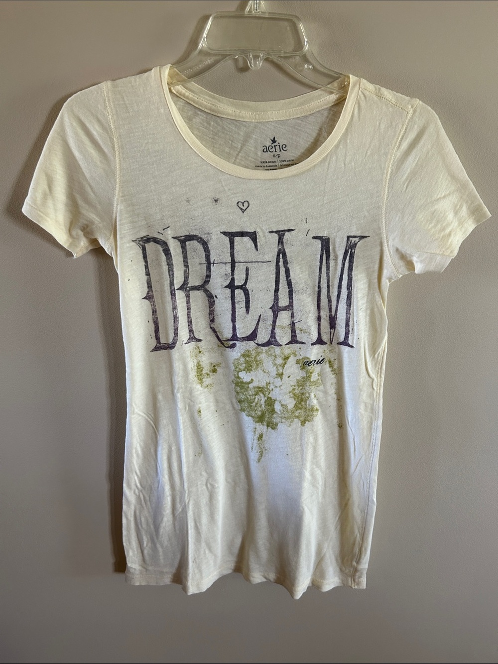 aerie Pale Yellow “ DREAM' Graphic Short Sleeve Tee with Green Accent and Purple